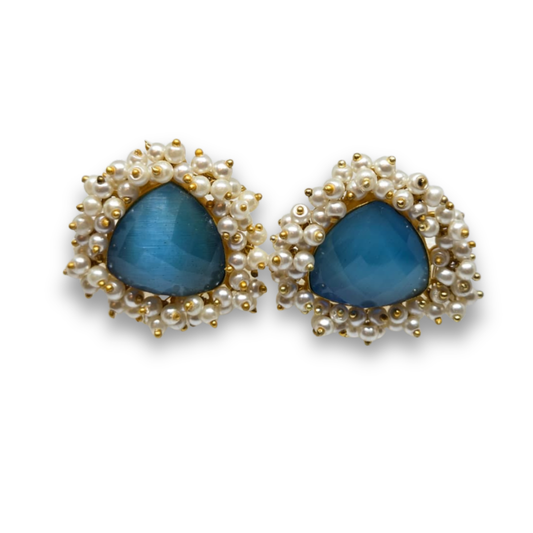 Blue Stone & Pearl Cluster Stud Earrings