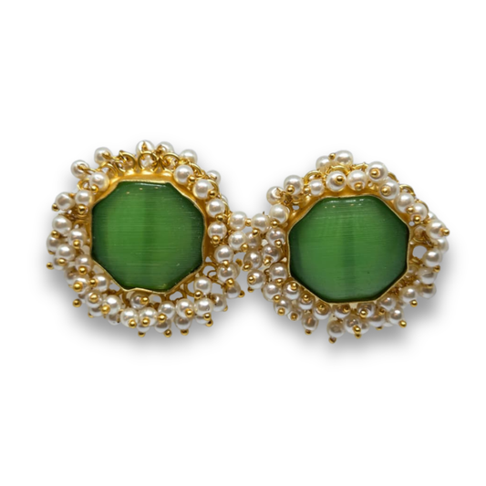 Green Octagon Stone & Pearl Cluster Stud Earrings