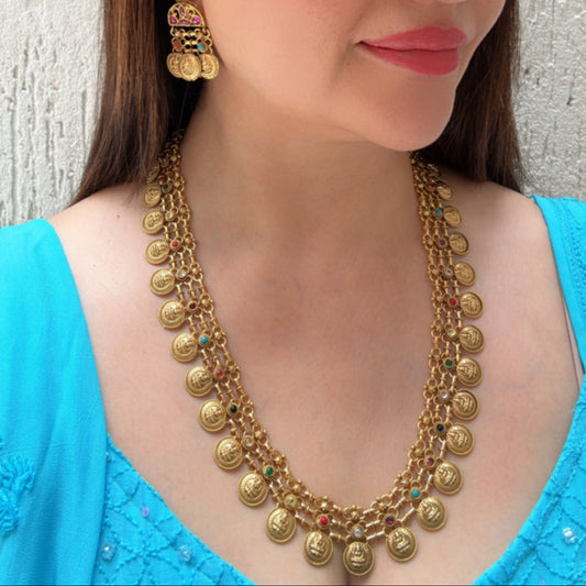 Long Temple Motif Necklace Set with Multi-coloured Stones