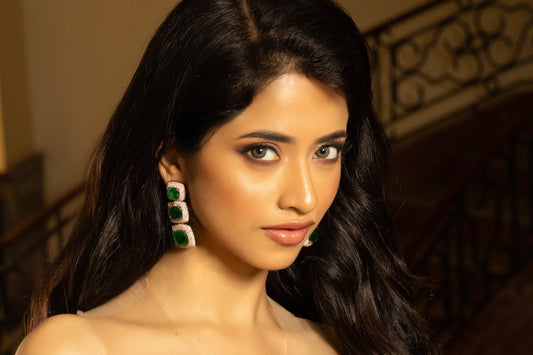 Green Doublet Crystal Earrings with Zircon Detailed Borders