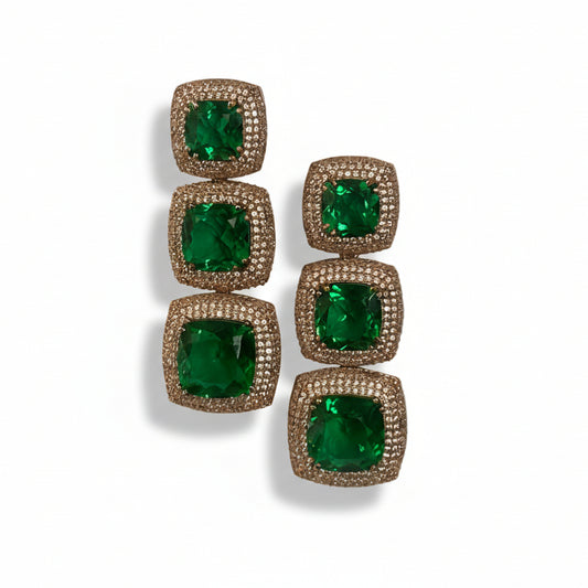 Green Doublet Crystal Earrings with Zircon Detailed Borders