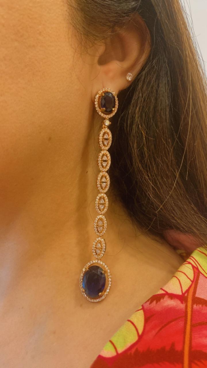 Rose Gold Plated Zircon Long Earrings with pink Stone