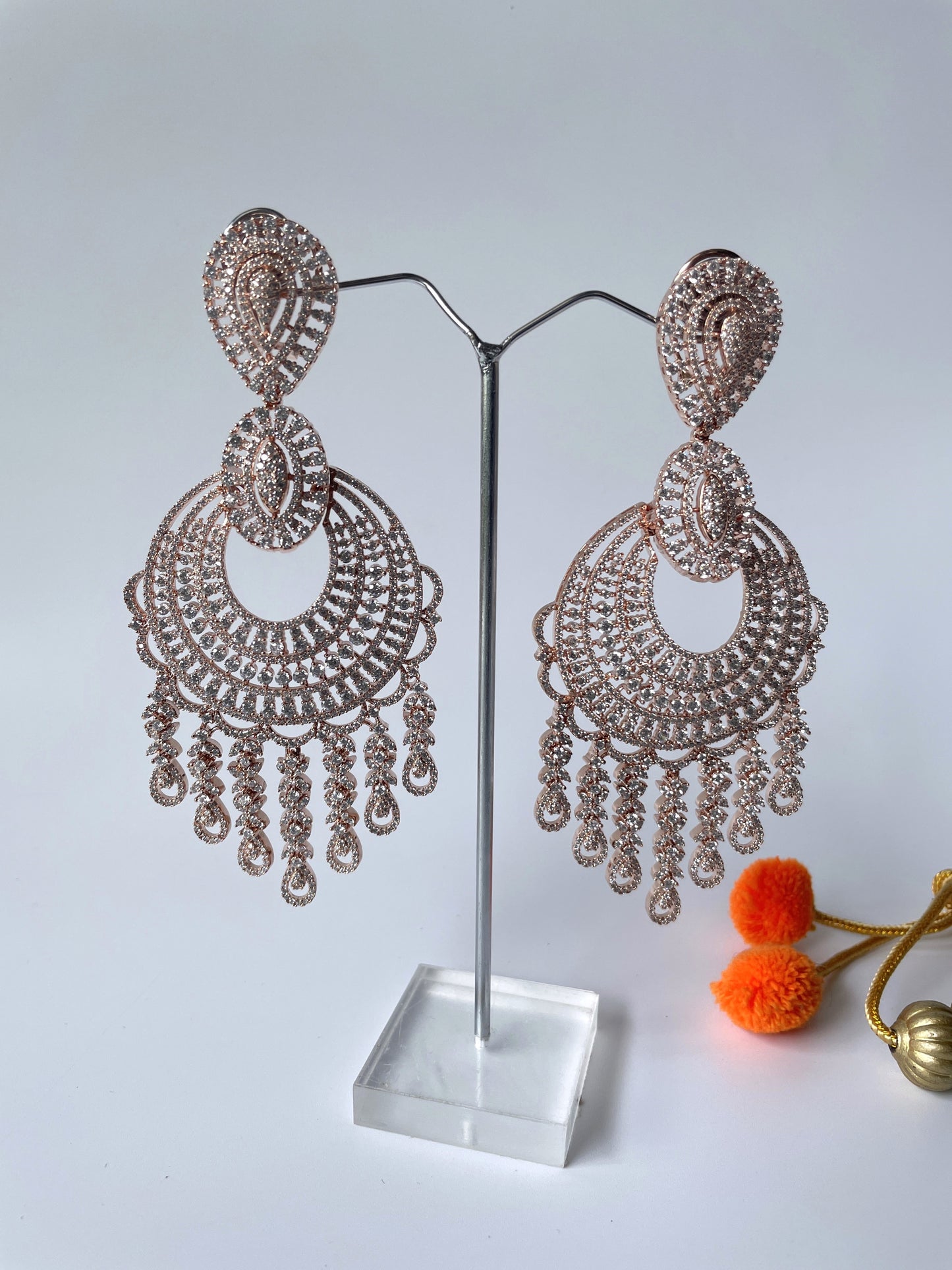White Finish Zircon Long Earrings