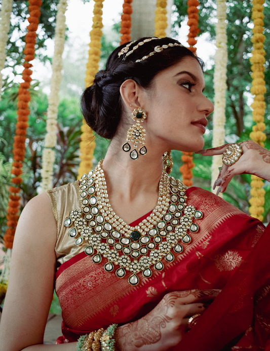 Kundan Studded Green Enamelled Bridal Necklace Set