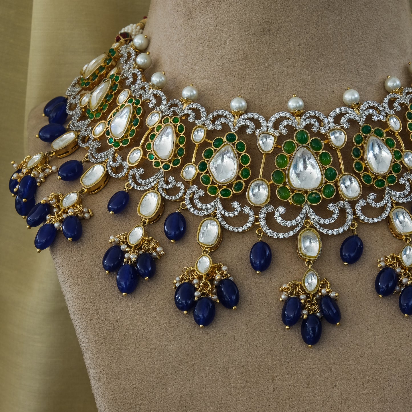 Bougainvillea Kundan Necklace Set with Green and Blue Beads