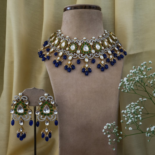 Bougainvillea Kundan Necklace Set with Green and Blue Beads