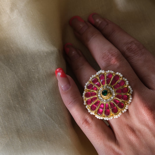 Gold Finish Kundan Red Stone Ring