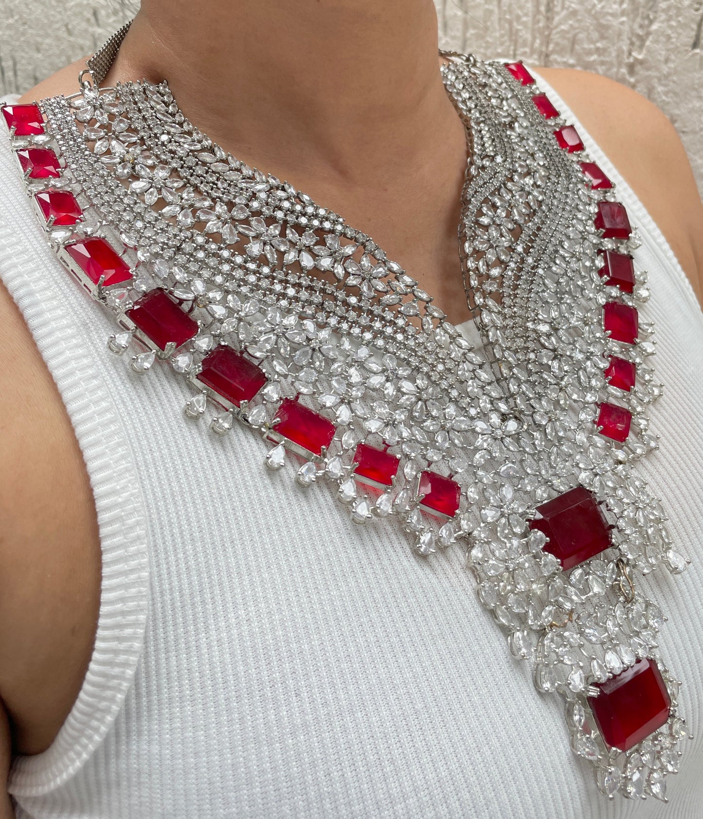 Full Neck Grand Long Zircon and Red Stone Necklace Set With Bracelet