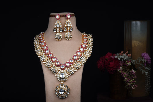 Long Bridal Kundan Necklace Set in Green and Red Hues