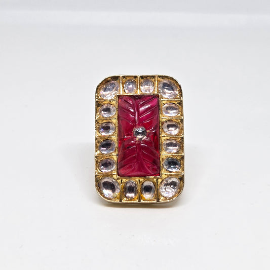 Kundan Ring with Red Carved Stone