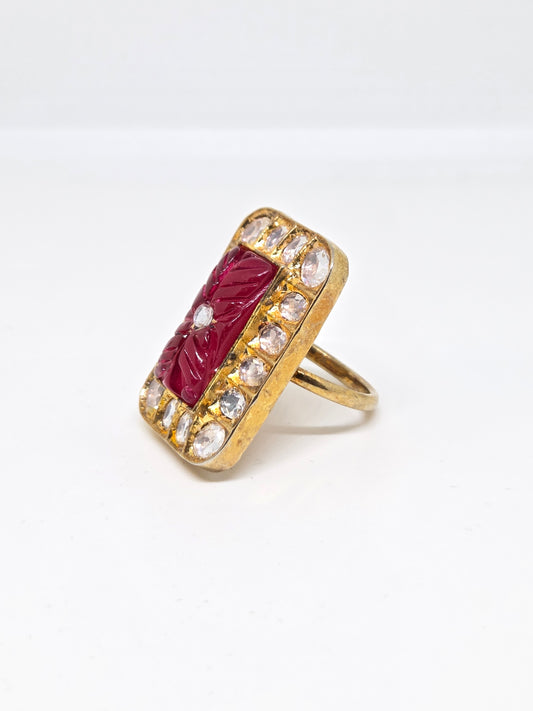 Kundan Ring with Red Carved Stone
