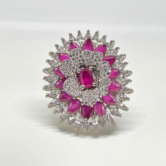 Zircon Floral Motif Ring with Pink Stones
