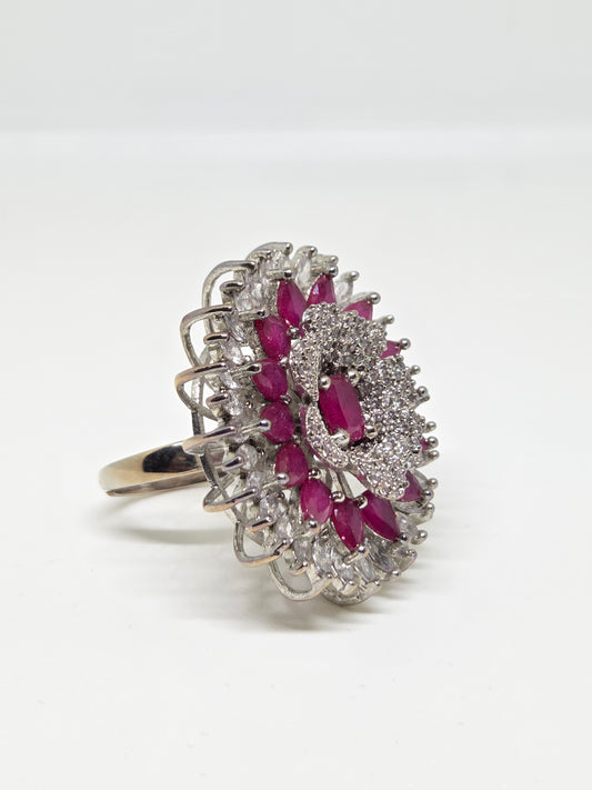 Zircon Floral Motif Ring with Pink Stones