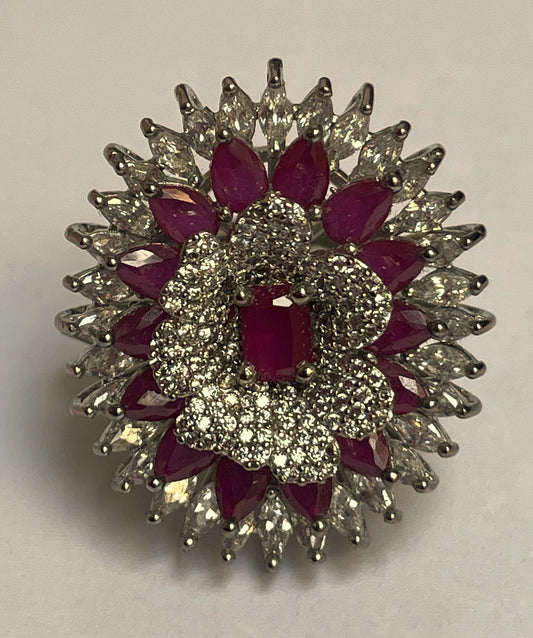 Zircon Floral Motif Ring with Pink Stones