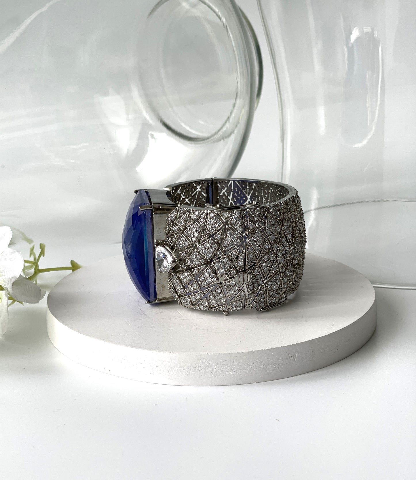 Zircon Broad Bracelet with Blue Chunky Center Stone