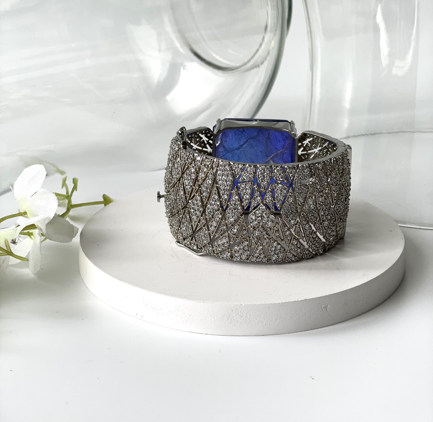 Zircon Broad Bracelet with Blue Chunky Center Stone