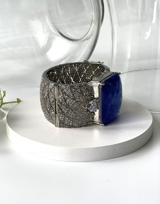 Zircon Broad Bracelet with Blue Chunky Center Stone