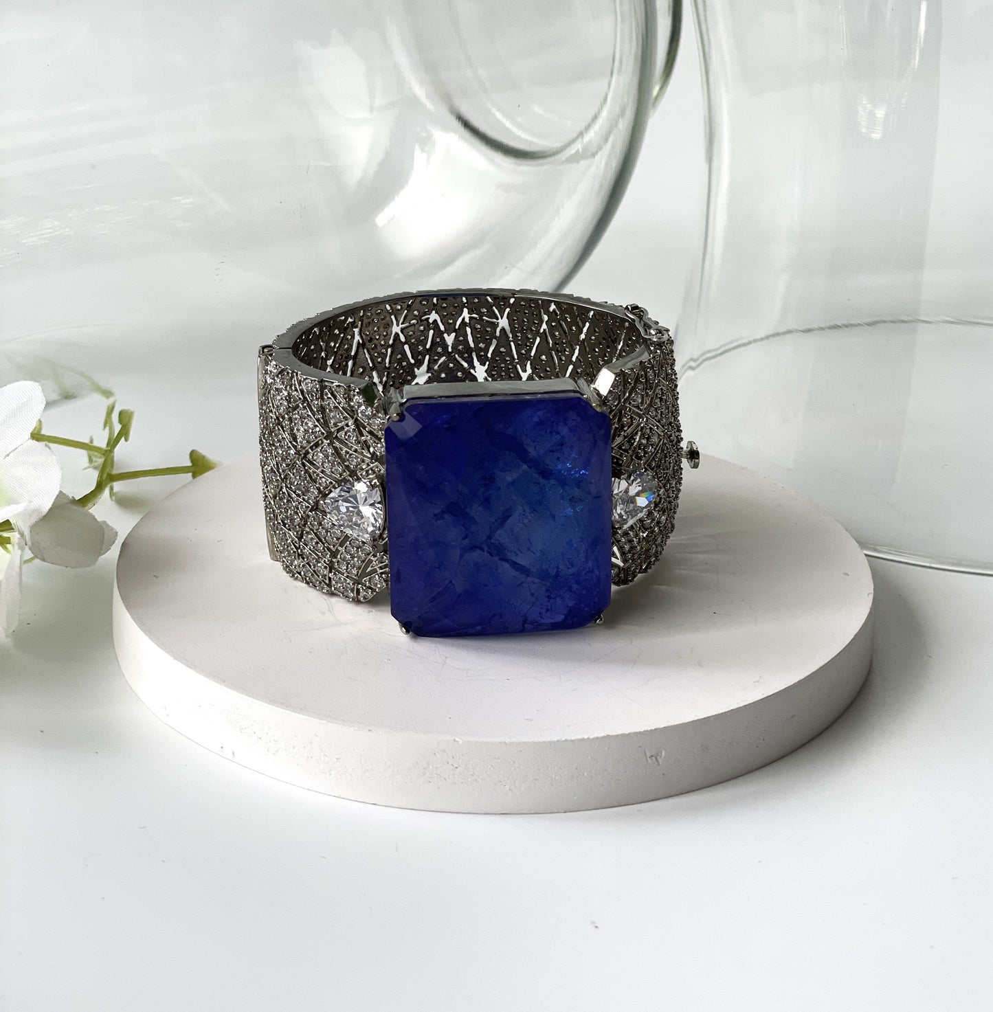 Zircon Broad Bracelet with Blue Chunky Center Stone