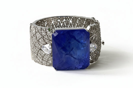 Zircon Broad Bracelet with Blue Chunky Center Stone