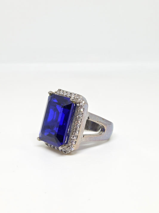 Blue Doublet Crystal Ring with Faux Diamond Accents