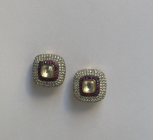 Gold Finish White and Red Zircon Studs