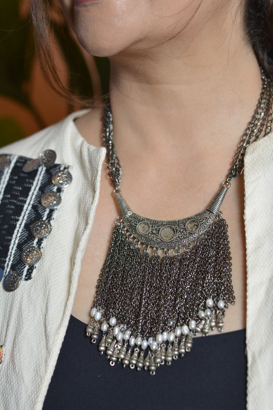 Oxidised Tassel Necklace with Pearls