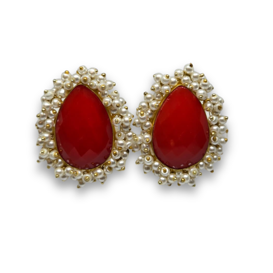 Red Teardrop Stone & Pearl Cluster Stud Earrings