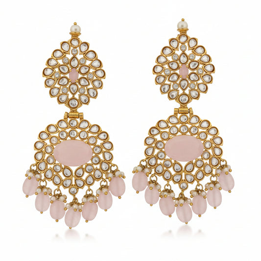 Kundan & zircon earrings with hanging beads in gold polish