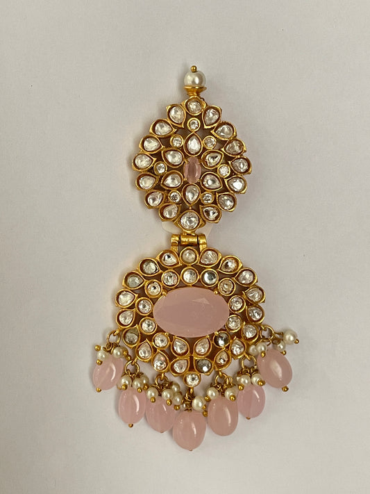 Kundan & zircon earrings with hanging beads in gold polish