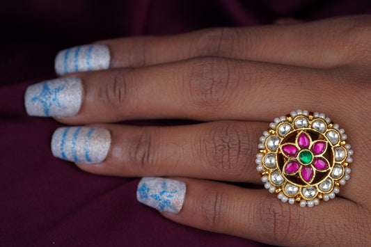 Pink Stone and Pearl Kundan Ring