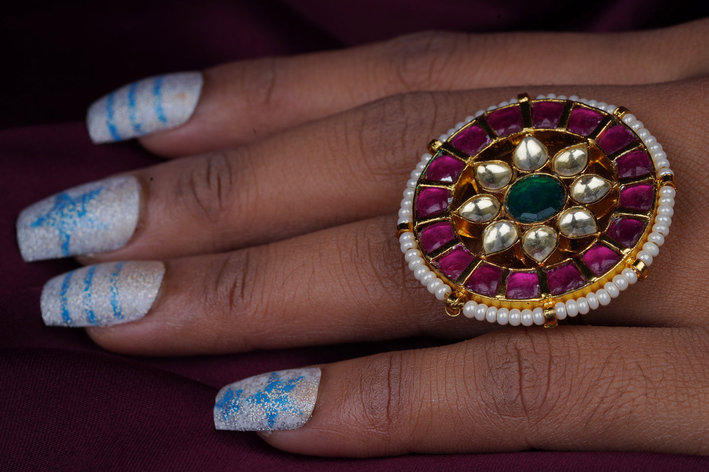 Gold Finish Pink Stone Kundan Ring