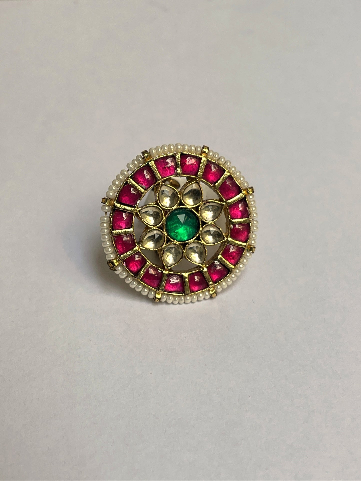 Gold Finish Pink Stone Kundan Ring