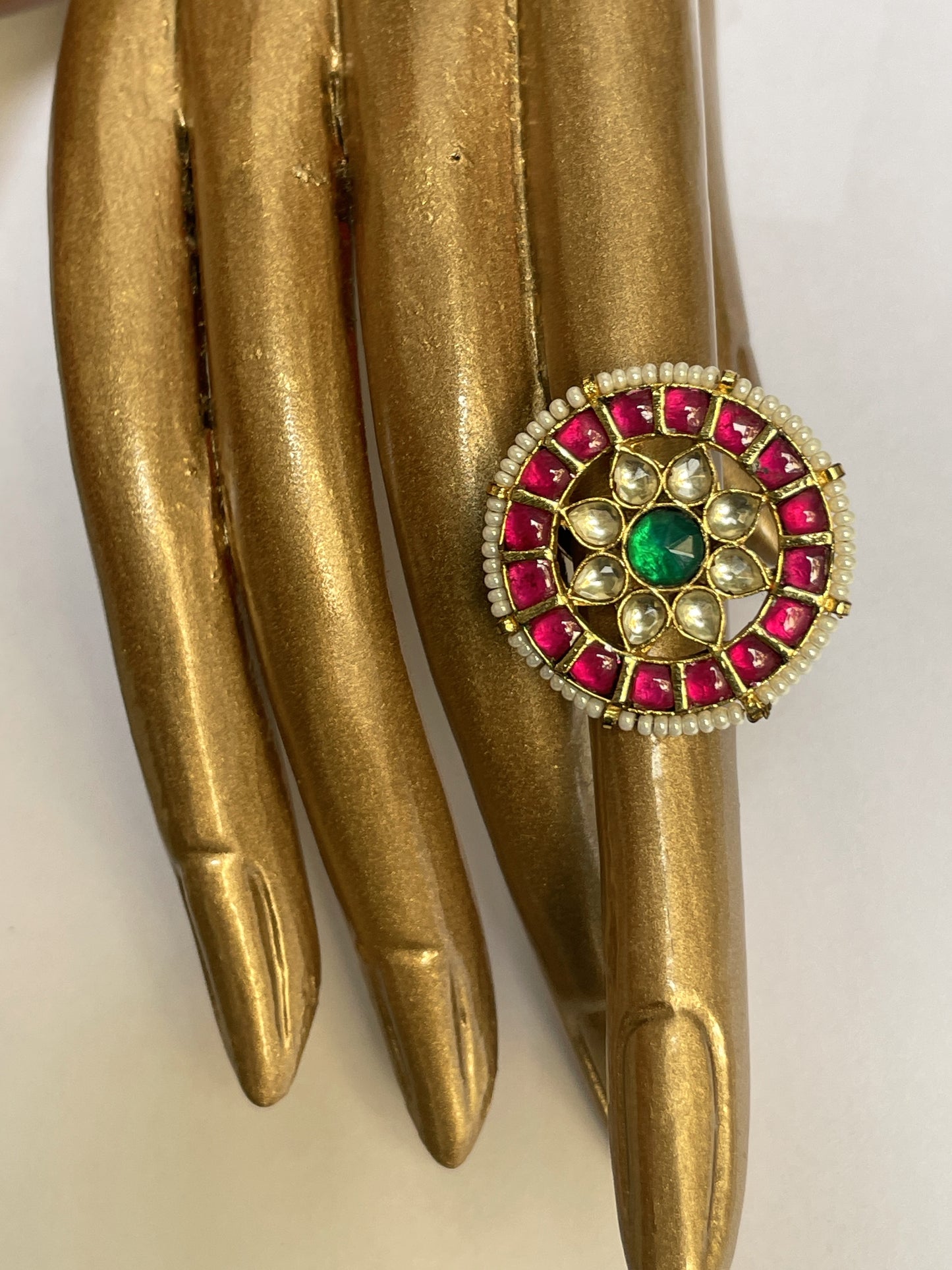 Gold Finish Pink Stone Kundan Ring