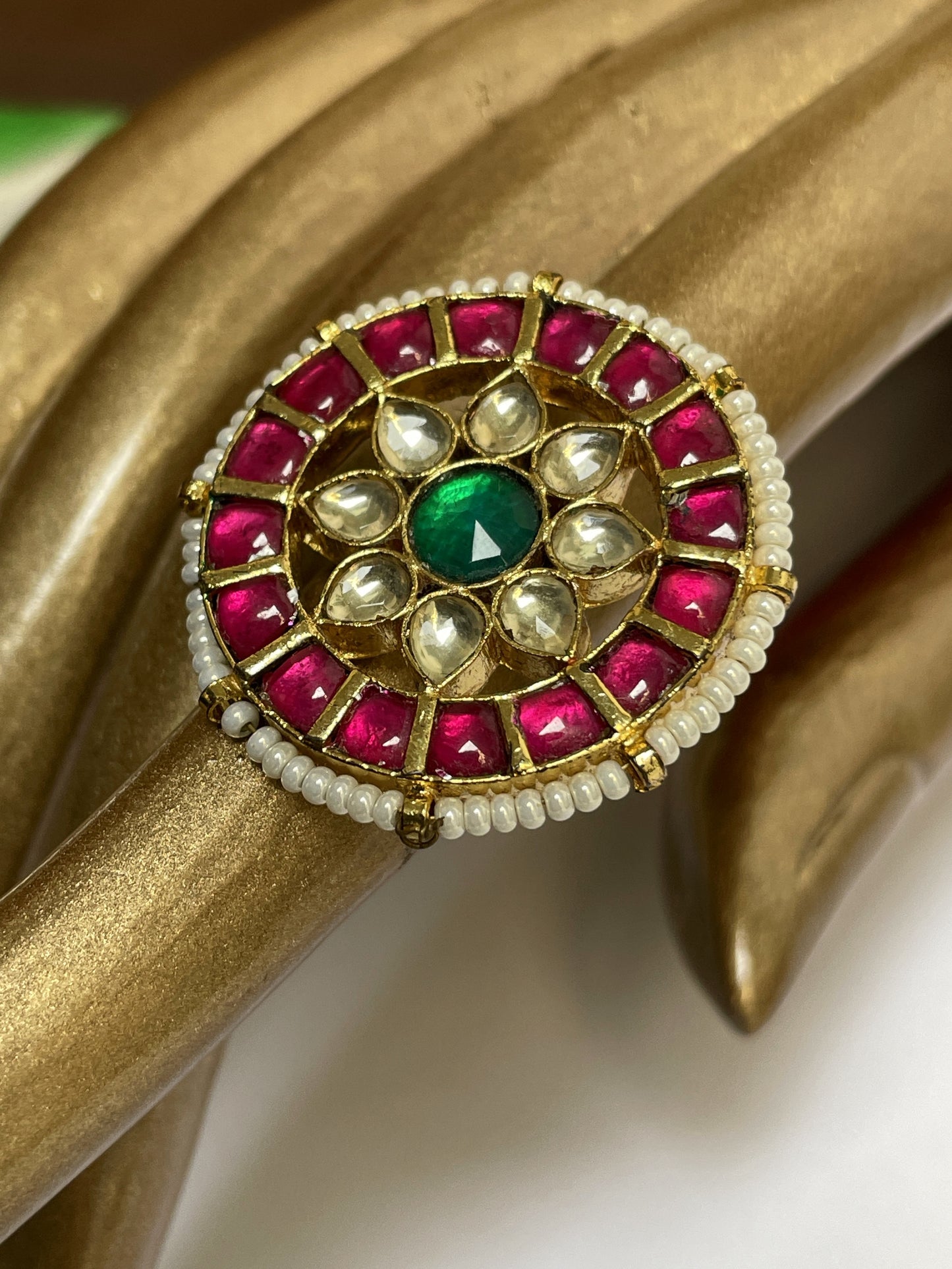Gold Finish Pink Stone Kundan Ring
