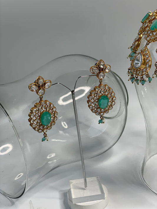 Electric Blue Kundan Necklace Set with Blue Beads