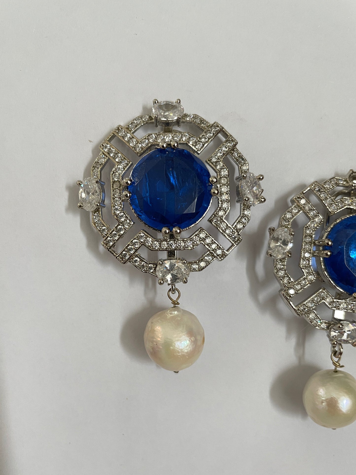 Zircon and Pearl Earrings with Bright Center Stone