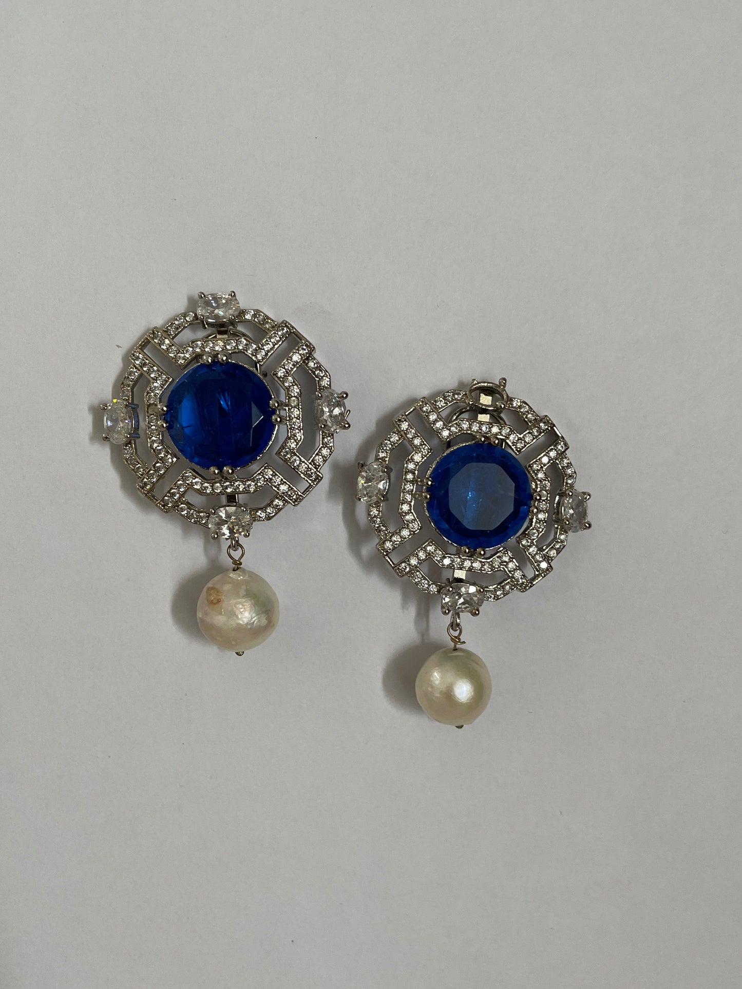 Zircon and Pearl Earrings with Bright Center Stone