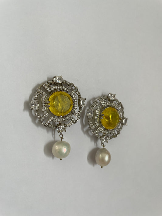 Zircon and Pearl Earrings with Bright Center Stone