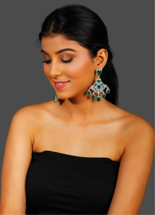 White Finish Green Doublet Earrings with Zircon