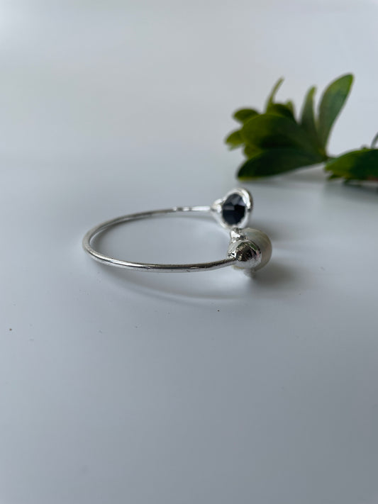 Silver White Black Onyx and Pearl Studded Cuff Bangle