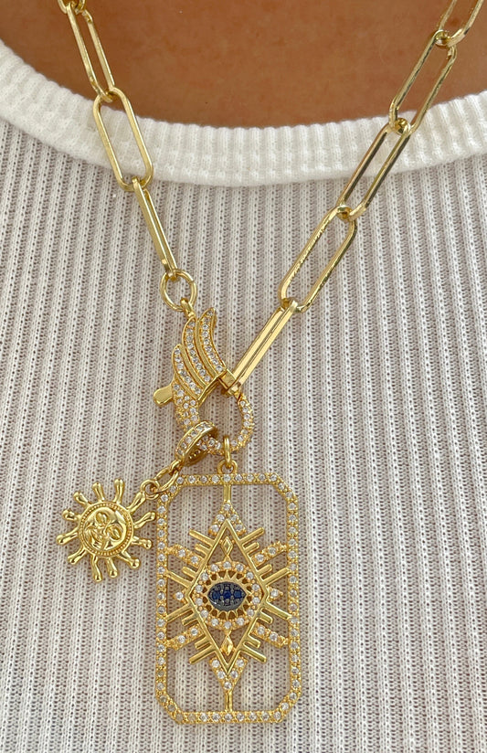 Link Chain Evil Eye Studded Gold Plated Necklace