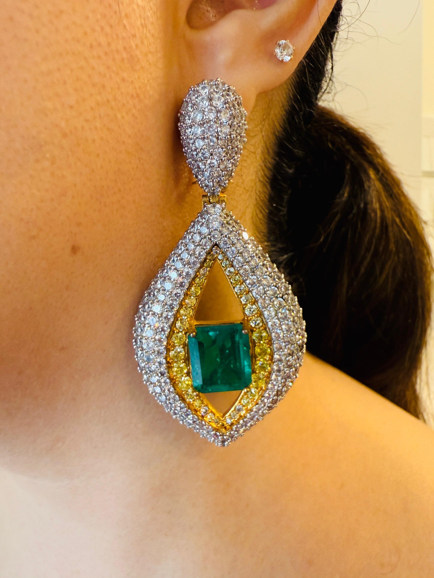 Emerald Doublet with Zircon All Over Earrings in Two Tone Finish