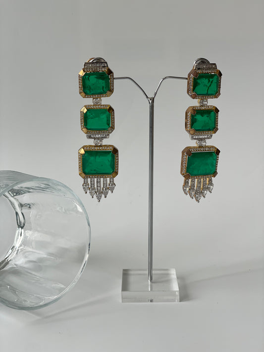 Green Doublet and Zircon Earrings in Gold Finish