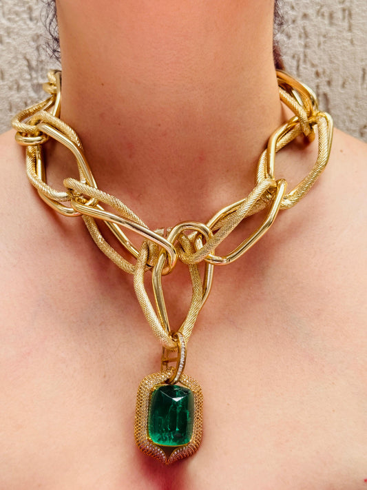 Chunky Links Gold Plated Choker with Emerald Doublet