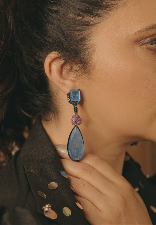 Black and Pink Zircon Earrings with Blue Doublet Crystals