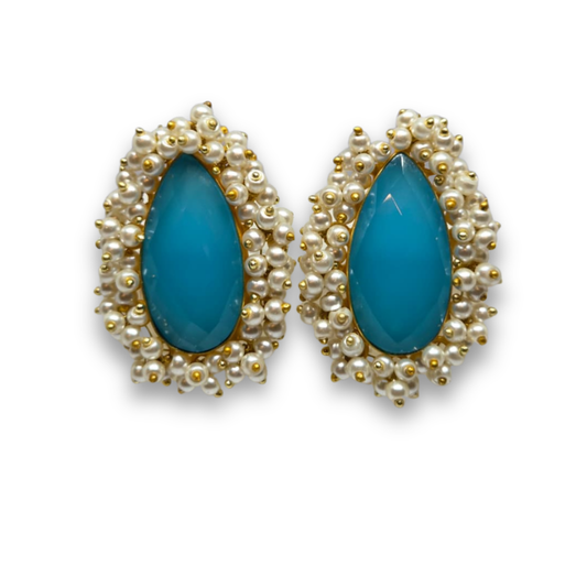 Blue Pear Stone & Pearl Cluster Stud Earrings
