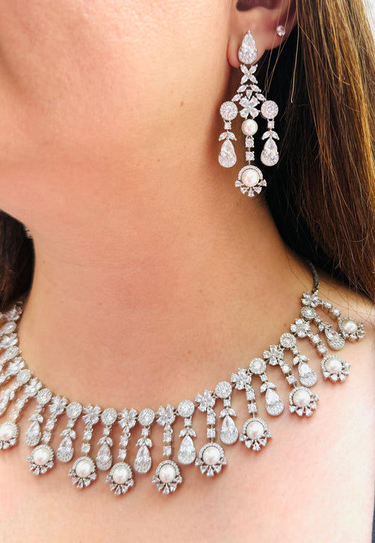 Pearl and Zircon Necklace with Earrings
