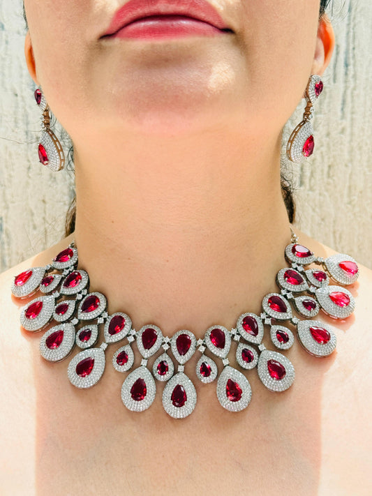 Royal Red Zircon Studded Necklace Set
