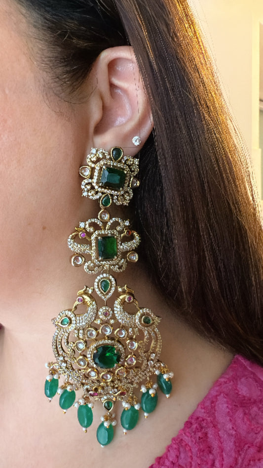 Stone Studded Long Earrings with Green Stones and Beads
