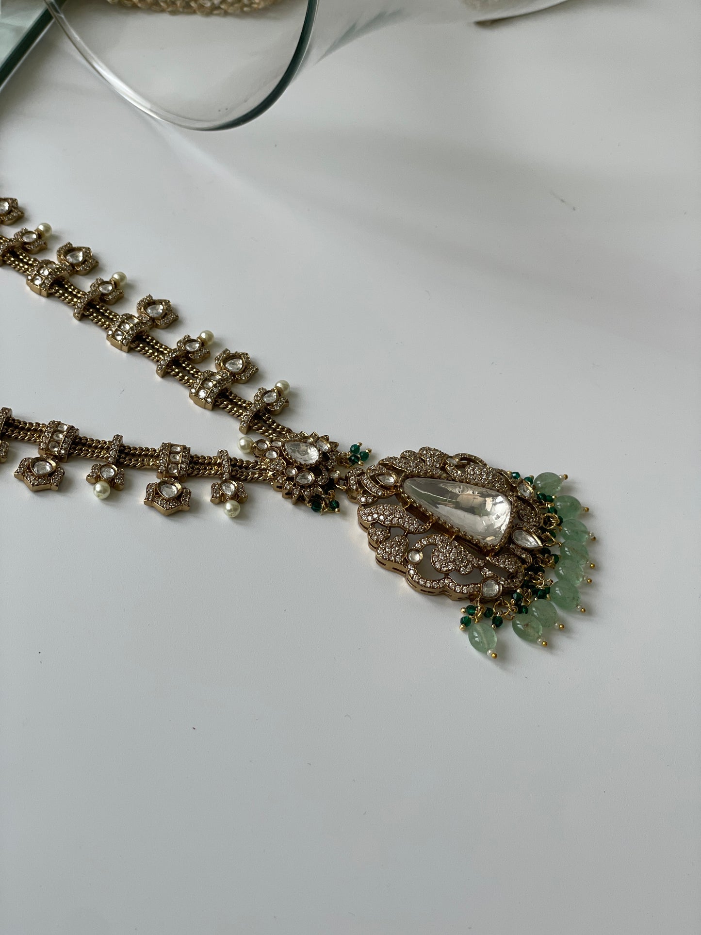 Long Kundan Polki Necklace Set with Fresh Green Beads